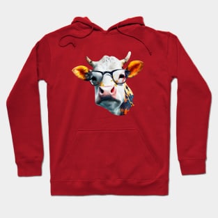 Funky Cow with Glasses, Watercolor Painting Hoodie